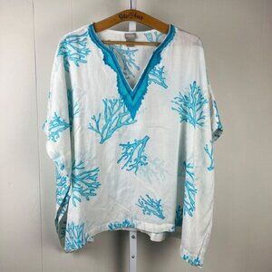 Chico's Coral Shades Beach Coverup Poncho Top Womens Size S/M Teal‎ White